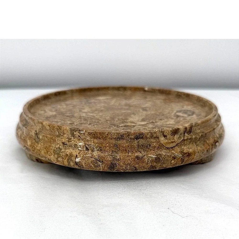 Round Fossil Stone Pedestal Base Tan Marble Polished Display Stand Candle Decor